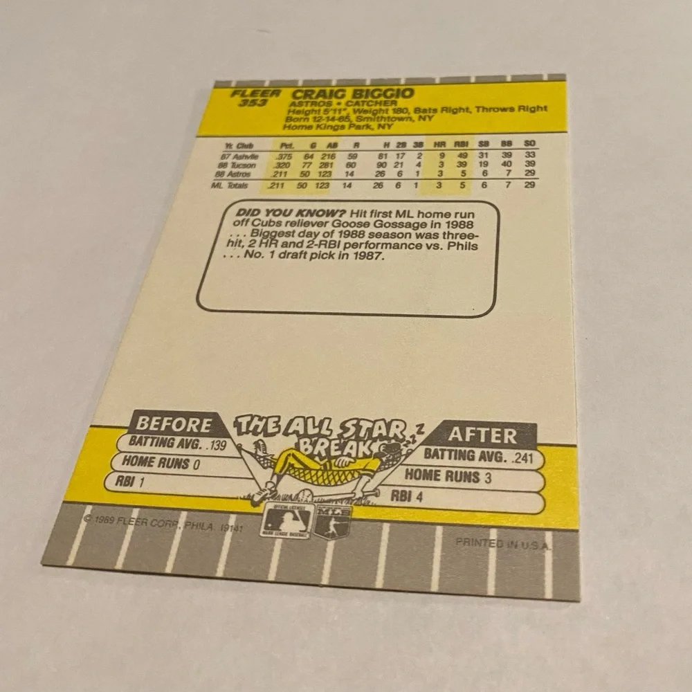 Craig Biggio Rookie RC 1989 Fleer Baseball Card Vintage Collectible